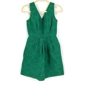 J.Crew Green Jacquard V-Neck Fit and Flare Mini Dress Size 00 Textured Pleated